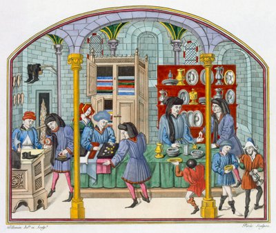 Lojas sob um Mercado Coberto, depois de uma miniatura em uma tradução do século 14 de Ética e Política de Aristóteles por Nicolas Oresme (c.1323-82) de French School