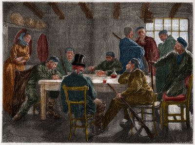 Máfia siciliana no século XIX: Interrogatório de um proprietário de terras ab-rogado pela máfia siciliana em 1873. Gravura a partir de 1873. de French School