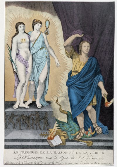 Siecle des Lumieres: "O Triunfo da Razão e da Verdade": sob a figura de Jean Jacques Rousseau, a Filosofia descobre ao universo Razão e Verdade, veladas pelo erro e pela mentira representada por um dragão e pelos atributos do papado que ele corta em de French School
