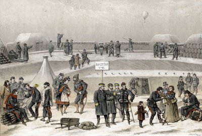 Cerco de Paris em 1870, durante a guerra de 1870-1871. Os soldados preparam a defesa da cidade: é possível ver um soldado no bunker. de French School