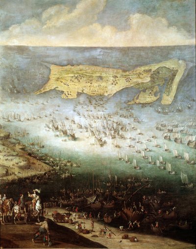 Cerco da Cidadela de São Martinho em Ile de Re, em 1627 (pintura, c.1640) de French School