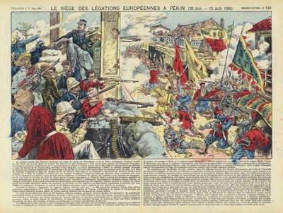 Cerco das legações europeias em Pequim, Rebelião Boxer, China, 20 de junho - 15 de agosto de 1900 (litografia a cores) de French School
