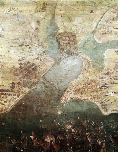 Sítio da cidade de La rochelle, em 1627, detalhe (pintura, c.1640) de French School