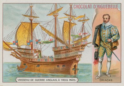 Sir Francis Drake e um navio de guerra inglês de três mastros de French School