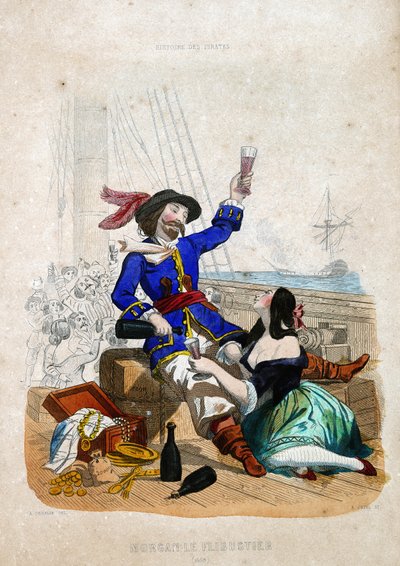 Sir Henry Morgan (1635-1688) (Morgan, o flibustier): natural do País de Gales em "History of Pirates and Privateers of the Ocean and the Mediterranean", de P. Christian. de French School