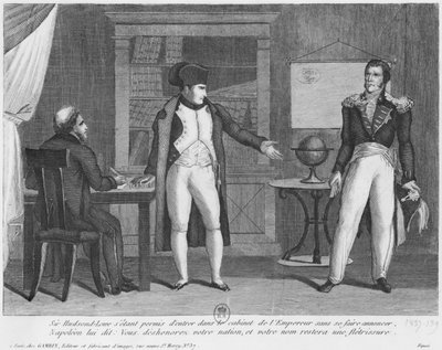 Sir Hudson Lowe vindo no estudo de Napoleão I (1769-1821) na ilha de Santa Helena sem se anunciar de French School