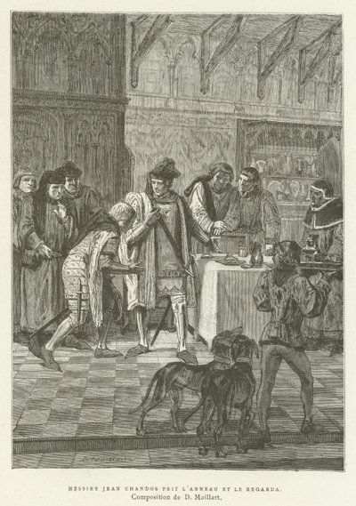 Sir John Chandos pegou o anel e olhou para ele de French School