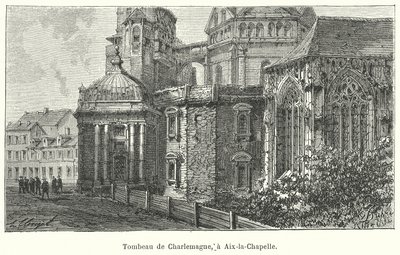 Sítio do túmulo do Imperador Carlos Magno, Catedral de Aachen, Alemanha (gravura) de French School