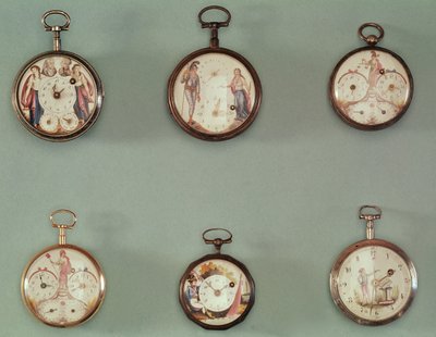 Seis relógios de bolso decorados com símbolos revolucionários (metal e esmalte) de French School