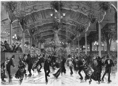 Anel de patinagem em Bullier. Pista para dançar de skate no Bal Bullier, em Paris. Gravação no "The Illustrous Universe". de French School