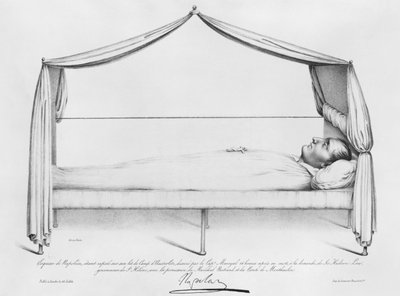Esboço de Napoleão I (1769-1821) em seu leito de morte desenhado em Santa Helena pelo Capitaine Marryal, gravado por Bordes, 5 de maio de 1821 de French School