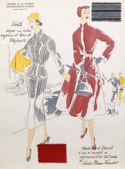 Sketches e swatches de tecido, de "A cor oficial das indústrias da moda" (cor lito) de French School