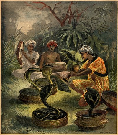 Encantadores de cobras (cobras) na Índia. Gravura em "La Terre Illustree" n°94 de 18 de Agosto de 1892. de French School