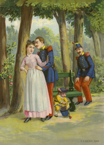 Soldado a fazer avanços a uma criada num parque (cromolitografia) de French School