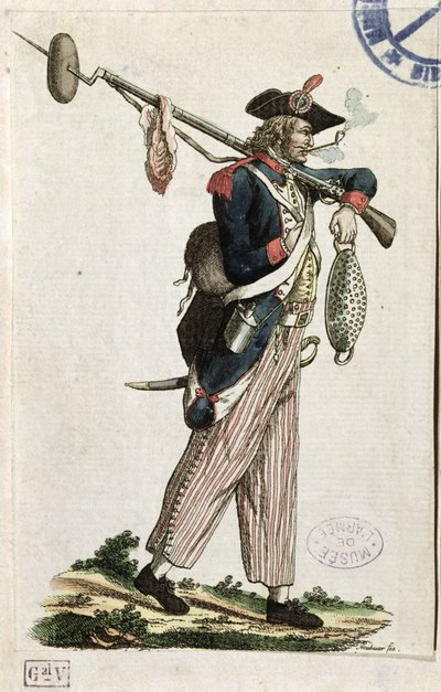 Soldado da Revolução Francesa carregando uma baioneta à qual está ligado um pedaço de pão e um pedaço de carne: LA 11 1794 de French School