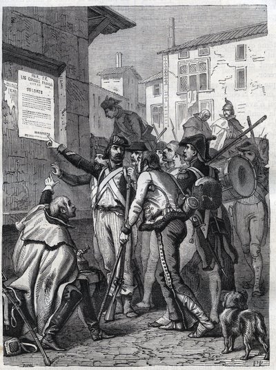 Soldados, as vossas necessidades são grandes: Soldados franceses lendo a proclamação do General Bonaparte em novembro de 1799 - Gravação de 1865 no "Histoire du Consulate et de l
