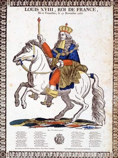 Canto em honra do rei da França Luís XVIII, ilustrado por um retrato equestre do rei (gravura) de French School