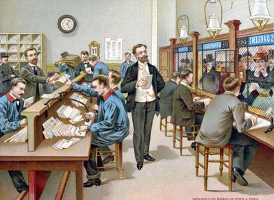 Classificando o Post em um Post Office parisiense, ilustração de um calendário dos Correios, 1904 de French School
