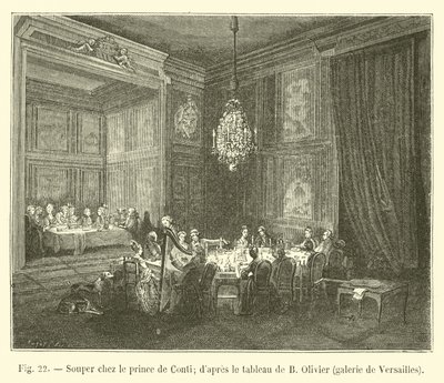 Jantar no Prince de Conti; dapres a pintura de B Olivier, galeria de Versalhes de French School
