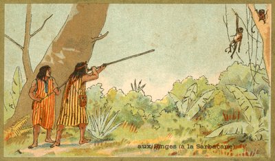 Índios sul-americanos caçando macacos com zarabatanas (chromolitho) de French School
