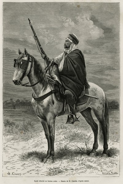 Spahi, eficiente cavaleiro e pavor contribuindo para a conquista da Argélia, ao serviço da França, destaca-se no escritório árabe, gravando após um desenho de H. Charles, para ilustrar a história Tebessa e seus monumentos (Argélia), de A. Heron de Villefos de French School