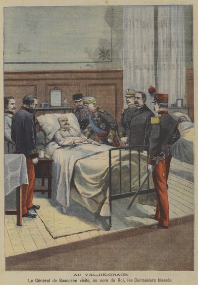 General espanhol José de Bascaran visita cuirassiers feridos em nome do rei Alfonso XIII no hospital militar Val-de-Grace em Paris (cor litho) de French School