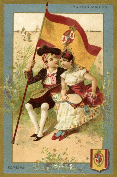 Menino e menina espanhóis, de uma série de ilustrações de crianças de diferentes países, produzidos como cartões promocionais para a loja de departamentos Bon Marché em Paris, c.1890 de French School