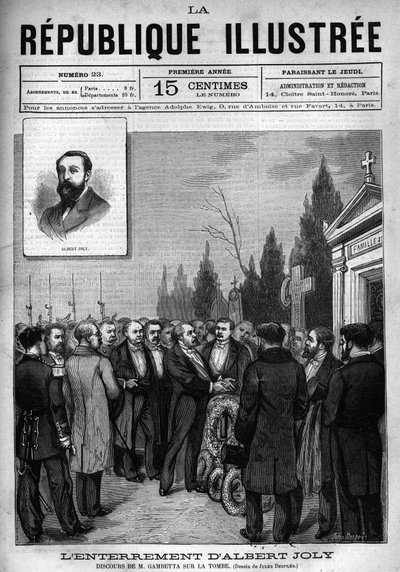 Discurso de Leon Gambetta (1838-1882) no enterro do deputado Albert Joly (1844-1880) no cemitério de Versailles. Um jornal. Gravura de 1880 em "La republique illustree" coleção privada. de French School