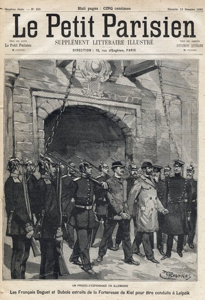 Julgamento de espionagem na Alemanha: os franceses Daguet e Dubois levados da fortaleza de Kiel para Leipzig. Um dos jornais " Le petit Parisien" em 10/12/1893 (gravura) de French School
