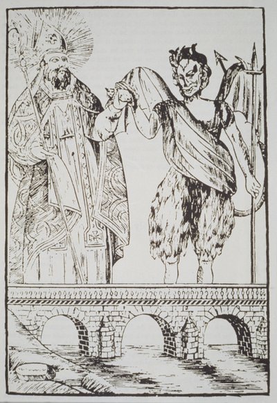 St. Cado e o Diabo, cópia de uma popular gravura francesa, ilustrada em uma história da magia publicada no final do século XIX de French School