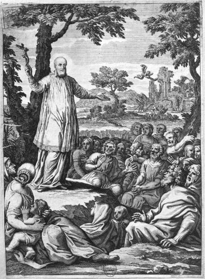 São Francisco de Sales (1567-1622) pregando aos hereges de Chablais (gravura) (bw photo) de French School