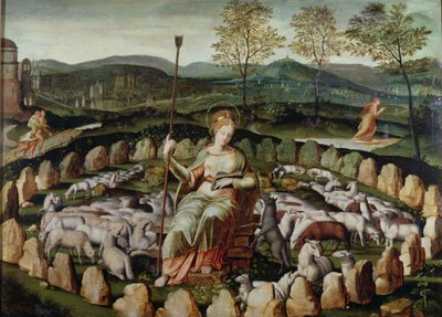 St. Genevieve, protegendo seu rebanho de French School