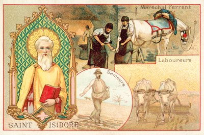 Santo Isidoro, santo padroeiro dos agricultores e dos diaristas (chromolitho) de French School