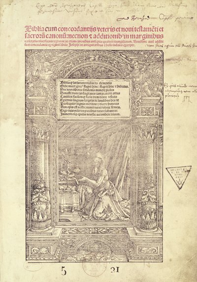 São Jerônimo em seu Studiolo, página de título de uma Bíblia, impressa por J. Marion, Lyon, 1521 de French School