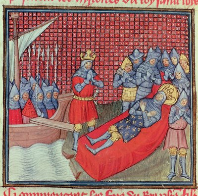 St. Louis morre da peste a 25 de Agosto de 1270 durante a Cruzada contra Tunes, do manuscrito "Grands Chroniques de France" (vellum) de French School