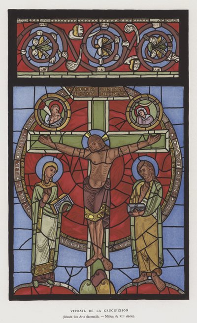 Representação em vidro manchado da Crucificação, meados do século XII (cor litho) de French School