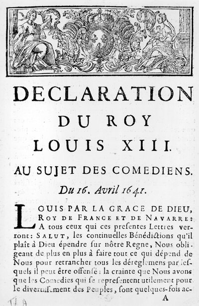 Declaração de Luís XIII (1601-43) sobre os comediantes, 16 de abril de 1641 de French School