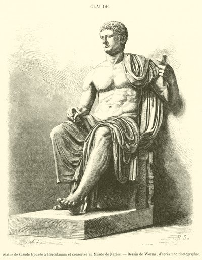 Estátua de Cláudio encontrada em Herculano e guardada no Museu de Nápoles (gravura) de French School