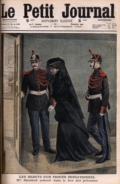 Caso Steinheil: Marguerite Steinheil (1869-1954) entrando na caixa dos réus - Le Petit Journal, 7 de novembro de French School