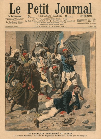 Apedrejamento do médico francês Mauchamp em Marrocos, ilustração de &39;Le Petit Journal&39;, suplemento ilustre, 7 de abril de 1907 de French School