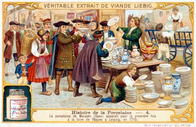 História da Porcelana n.º 4: A porcelana de Meissen (Saxónia) apareceu pela primeira vez na Feira da Páscoa em Leipzig, em 1710. Cromolitografia de Liebig de French School