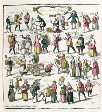 Vendedores ambulantes em Paris, final do século 17 (gravura a cores) de French School