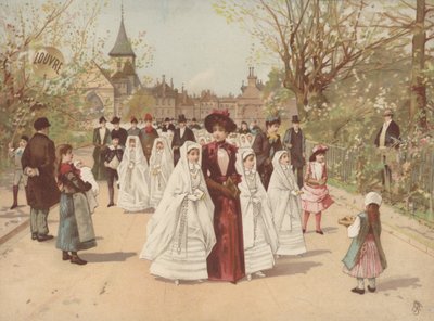 Cena de rua com meninas vestindo vestidos de confirmação de French School