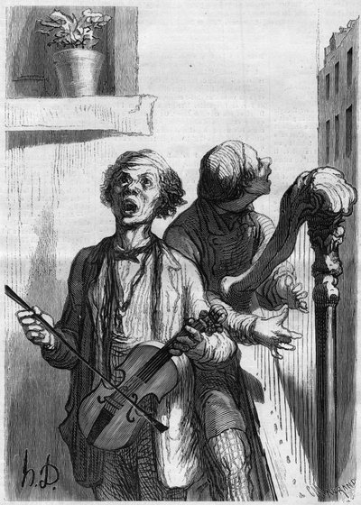 Cantores de rua. Cartoon de Honore Daumier (1808-1879). Gravura em "Le Monde Illustré" n°297 de 20 de Dezembro de 1862. de French School