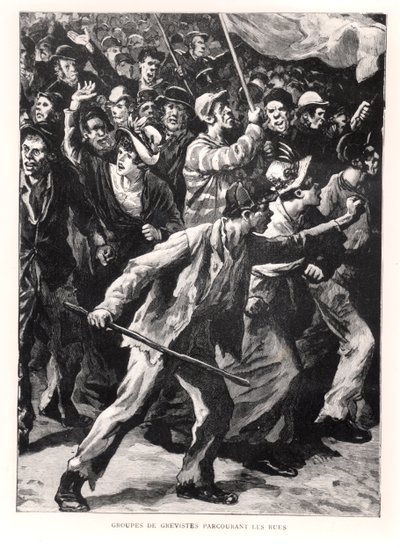 Grevistas demonstrando nas ruas de Chicago durante os motins Pullman de 1894, c.1895 de French School