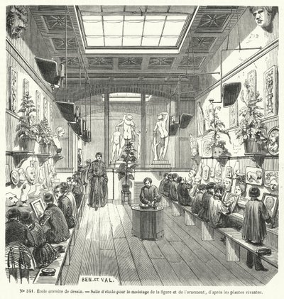 Estudantes de uma turma de uma escola de desenho gratuita, França (gravura) de French School