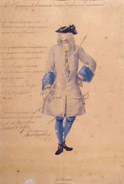 Estudo do uniforme de uma marinha estacionada em Le Havre, 1718 (lápis, bodycolour e wc em papel pardo) de French School