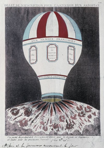 Bilhete de assinatura para a ascensão de um aerostato para invadir a Inglaterra, deb. Século XIX de French School