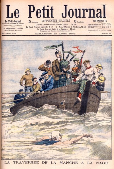 A nadar no Canal da Mancha. O inglês Jabez Wolffe fazendo a primeira de suas 22 tentativas fracassadas de atravessar o Canal da Mancha a nado. La traversee de la manche a la swim by Jabez Wolffe (1877-1943) - Ilustração para Le petit Journal de French School