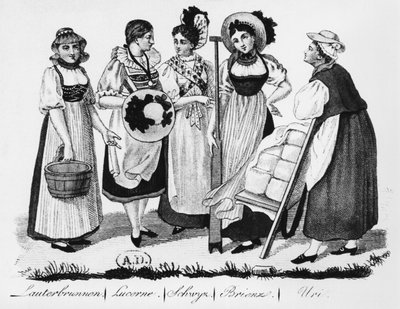 Mulheres suíças em traje tradicional de French School